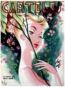 210.Green interior Design Poster"Blonde pinup girl w/flower Umbrella"spring art - Picture 1 of 1