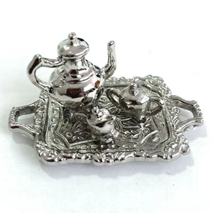 Dollhouse Tea set Silver 4 piece Set 1:12 ratio Teapot Creamer Sugar Tray - Picture 1 of 5