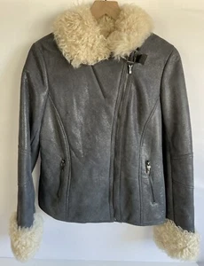 Tory Burch Metallic Leather Shearling Jacket Blue/Gray Size 10 - Picture 1 of 11