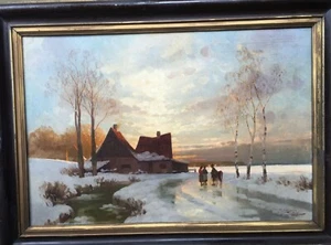 Ölgemälde Curt Leopold  Heitere idyllische WINTERLANDSCHAFT im Bayerischen Land - Bild 1 von 8