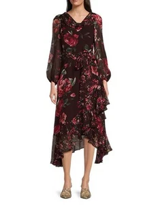 NWT Alex Marie Size 2 Chiffon Floral Midi Dress Cowl Neck Long Sleeves Ruffles - Picture 1 of 14