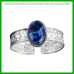 Halloween Deal Sterling Silver Sodalite Gemstone Bezel Wedding Bangle Bracelet - Picture 1 of 7