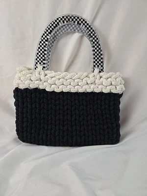 Vintage Black and White Hand Crocheted Purse With Acrylic Handles Indy 500 - Image 1 of 4