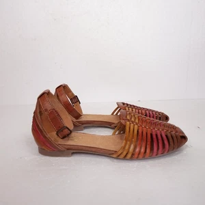 Seychellen Damen-Sandalen Größe 7 braun bunt Huarache Leder Knöchelriemen flache Schuhe - Bild 1 von 12