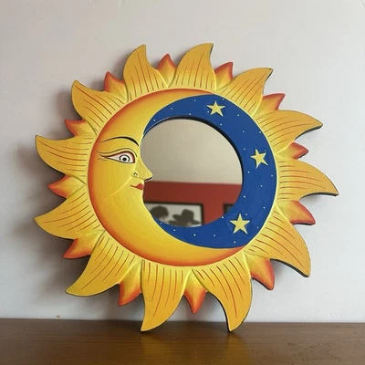 Vintage 90s Celestial Sun Moon Stars Mirror 12in Hand Painted Whimsygoth Navy - Image 1 of 2