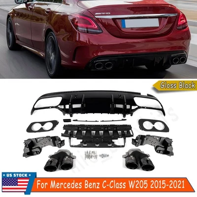 C43 Style Rear Diffuser Lip+Exhaust Tips For Mercedes Benz W205 Sedan 2015-2021 Foto 1 de 4