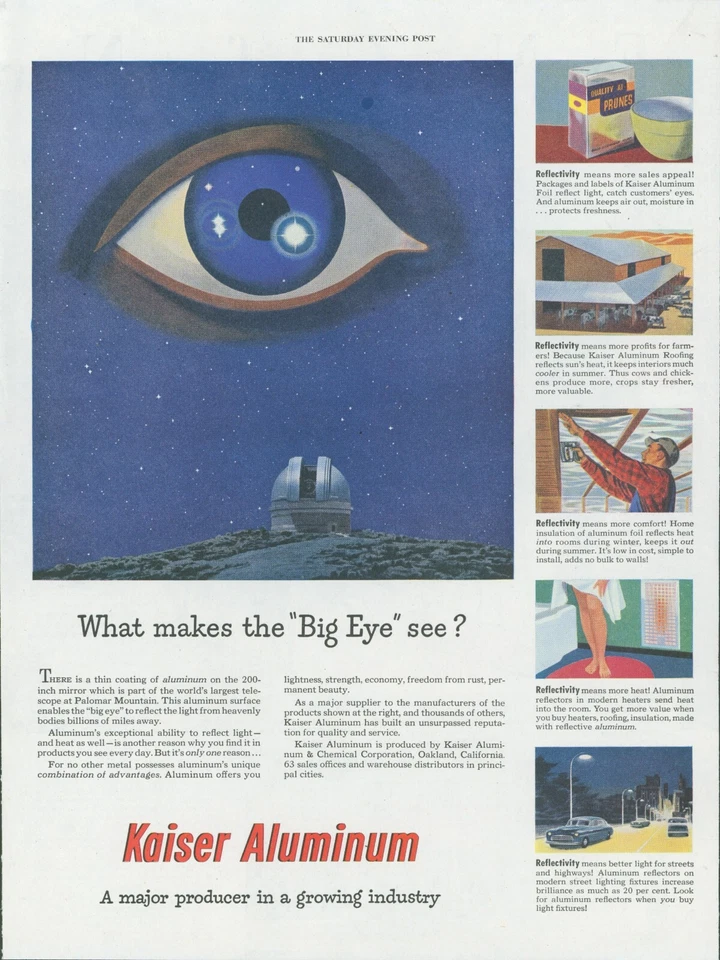 1951 Kaiser алюминиевый телескоп Palomar горы большой глаз ночь винтажный печатная реклама SP19 - Изображение 1 из 1