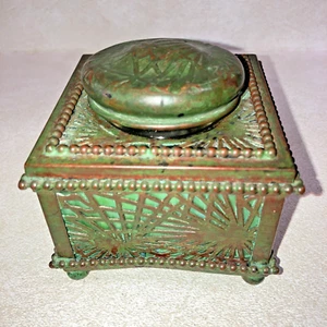 Antique Tiffany Studio New York Bronze Pine Green Favrile Glass Pen Inkwell - Picture 1 of 15