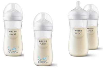 Avent Natural Response Babyflasche Set 330ml Sauger 3 Monat+/ 4 Motiv Love - Bild 1 von 4