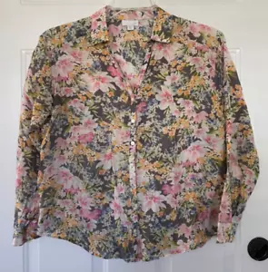 J Jill Petite Small PS Gray Pink Floral Long Sleeve Shirt Top Blouse Lightweight - Picture 1 of 7