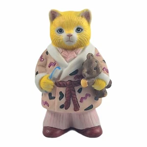 Schmid Kitty Cucumber Cat Figurine 1987 Ready for Bed with Bear and Toothbrush - Picture 1 of 3