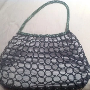 Hand made beaded silk women purse for parties grey with green beads - Picture 1 of 3