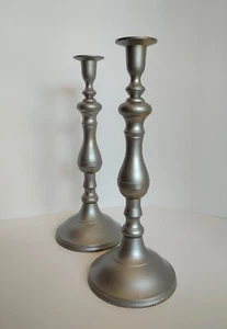 2 Vintage Pewter Colored Brass Candle Stick Holders - Picture 1 of 9