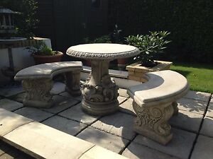 (NEW)Garden Table and Benches, Concrete Stone Garden table Chairs,Curved Design