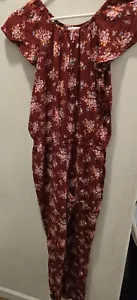 Childrens Place jumpsuit short sleeve Burgundy floral elastic waistband SZ 14 - Picture 1 of 3