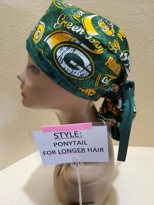 Green Bay Packers Pennant NFL Women's Ponytail Surgical Scrub Hat/Cap Handmade - Image 1 of 4