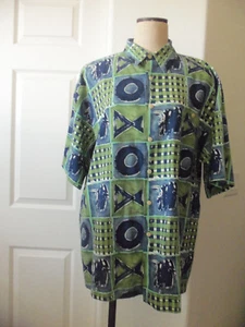 Saks Fifth Avenue blau grün ausgefallenes Print Leinen Baumwolle Kurzarm Hemd - XL - Bild 1 von 7