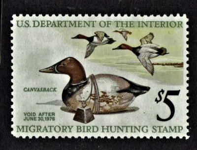 Scott RW42 MNH 1975 issue $5.00 Federal duck stamp Canvasback ducks and decoy - Image 1 of 2