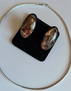 Vintage 925 STERLING ATI Italien Omega Halskette ONYX JASPIS gelb OHRRINGE kostenloser Versand USA - Bild 1 von 8