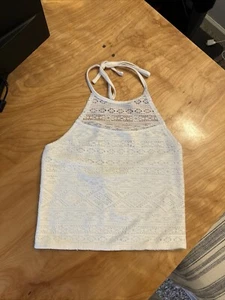 Aeropostale Teens Knit Lace Tank Top M Ivory Open Halter Neck Sleeveless Cotton - Picture 1 of 9