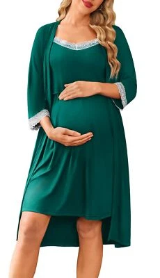 Women Lace Maternity Nursing Gown and Robe Set Double Layer Breastfeeding Nig... - Image 1 of 4
