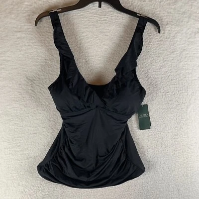 Lauren Ralph Lauren Tankini Top Womens Black 10 Ruffle V-Neck Underwire Swimwear - Image 1 of 4