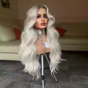 Ombre Platinum Blonde Lace Front Wigs Long Wavy Heat Resistant Hair Pre Plucked - Picture 1 of 7