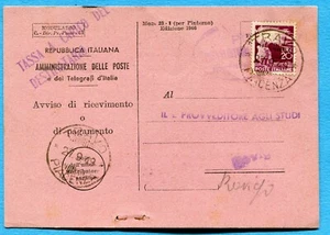 1950 DEMOCRATICA £.20 ISOLATO E USATO COME SEGNATASSE su R.R. (502691) - Imagen 1 de 2
