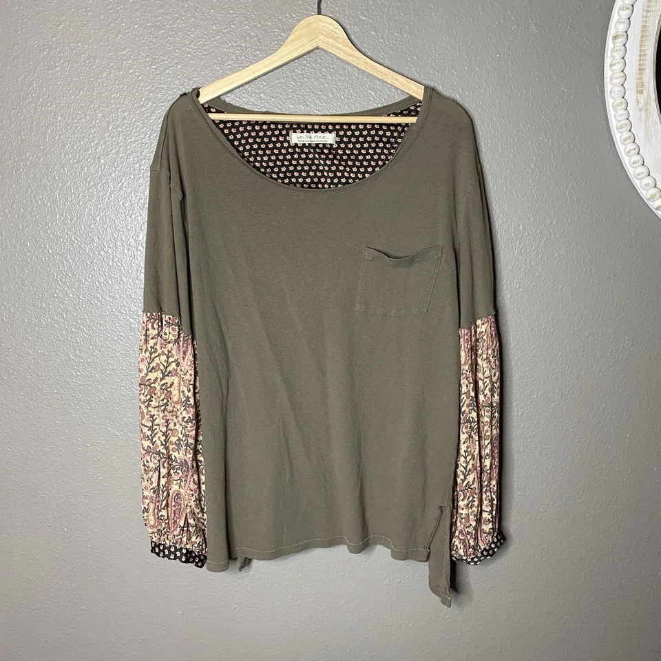 Women's We The Free Jade Top Green Long Puff Sleeve Pocket Size Medium - Image 1 of 4