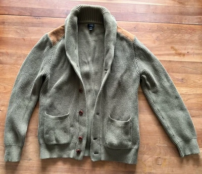 J. Мужской кардиган Crew большой оливковый на пуговицах свитер коричневый замшевые плечи - Изображение 1 из 4