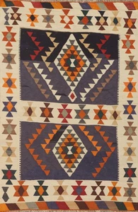 Geometric Kilim Flat-Weave Reversible Rug 4x7 Ivory/ Navy Blue Wool Carpet - Picture 1 of 10