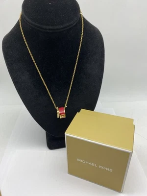 Collar Michael Kors Diseñador Tono Dorado Pavé Esmalte Cuadrado Deslizante Dije 82.2g Foto 1 de 4