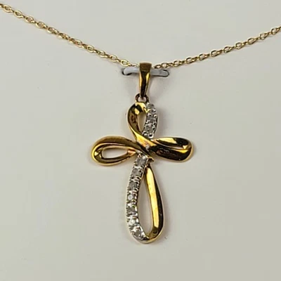 Macy's крест ожерелье 18K золото над серебро 1/10 карат бриллиант 18» цепочка подарок - Изображение 1 из 4