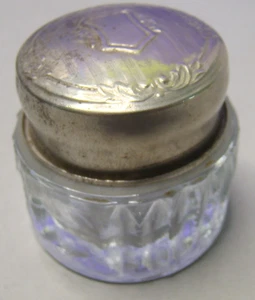 Tarro tocador vintage hecho a mano en vidrio grueso y tapa plateada listo para grabar - Imagen 1 de 7