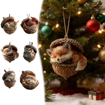 6Pcs 3D Style Forest Animal Acorn Ornaments Cozy Forest Christmas Ornaments