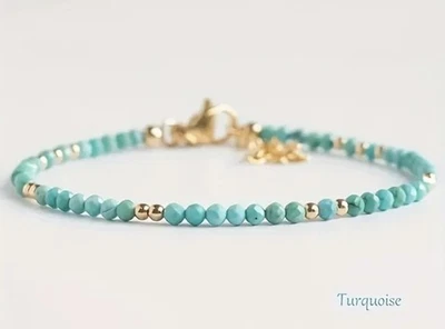 ✅ Türkis Edelstein Armband Blau-Gold Natürliche Stein Perlen Kette 3mm Damen ✅ - Bild 1 von 4