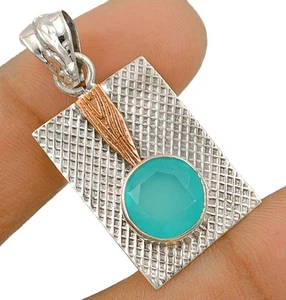 Natural Two Tone Aquamarine Chalcedony 925 Sterling Silver Pendant  - Picture 1 of 1