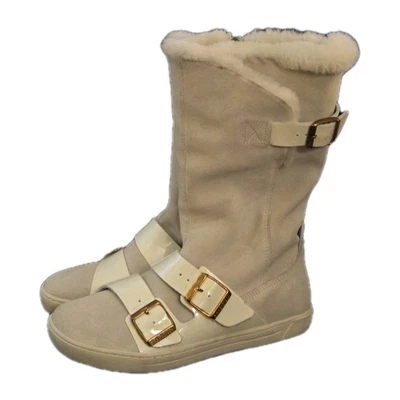 Birkenstock Boots 36 230 Danbury Shearling Ivory Suede Patent Leather Mid Calf  - Изображение 1 из 4