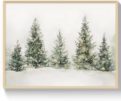 Christmas Tree Wall Art Print Snowy Pine Tree Forest Canvas Poster Watercolor Xm - Image 1 of 4