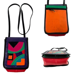 Borsa a tracolla vintage anni 80 90 geometrica patchwork pelle stile art deco Memphis - Foto 1 di 21