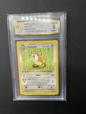 Pokemon 1st Edition Raticate Shadowless Base Set 1999 CGA 8 - Image 1 of 2
