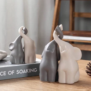 Elephant Figurines Ornament Loving Elephants Set Slate Grey Cream Ceramic - Picture 1 of 6