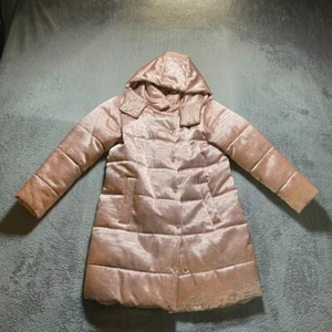 TU Puffer Jacket Women UK 10 Pink Long Quilted Padded Coat Hooded - Picture 1 of 10