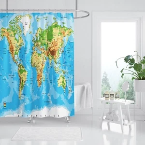 3D Blue World Map 545747 Shower Curtain Waterproof Fiber Bathroom Windows Toilet - Picture 1 of 3