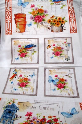 Fabric Red Rooster "Adalee's Garden" Sunflowers Zinnea Robin Birdhouse $8.95/Pnl - Image 1 of 4