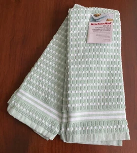 KitchenAid Hand Dish Towel Kitchen Cloth Light Green Blocks Check Dots Spring - Picture 1 of 4