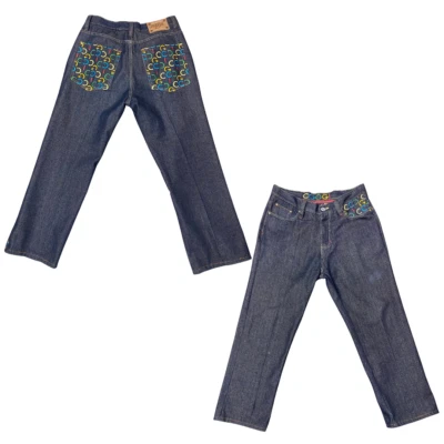 Pantalones de mezclilla bordados de diseñador vintage de la década de 2000 00 de la era Y2K Streetwear Club Wear Foto 1 de 4