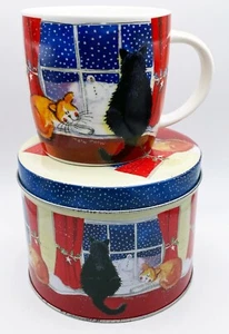 Taza de cerámica Queens Alex Clark ventana de Navidad gato con lata invierno porcelana fina - Imagen 1 de 14