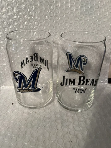 Pair Milwaukee Brewers Beer Can Cocktail Glasses Jim Beam Logos Cover
