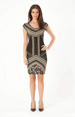 Hale Bob Metallic Gold & Black Knit Sheath Dress Cap Sleeve XS NWT 3ETL6272 - Image 1 of 3
